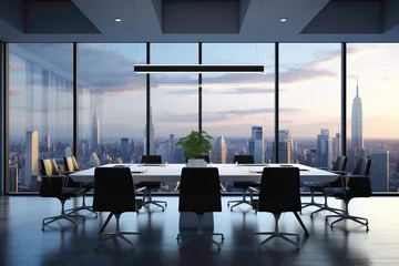 Fototapeten A sleek black and white meeting room with a panoramic city view and a blank white empty frame. © LOVE ALLAH LOVE