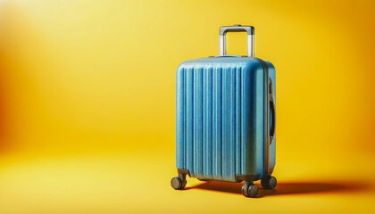 Blue hard-shell suitcase on wheels stands against a vibrant yellow background.