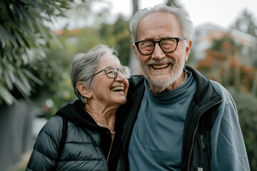 An elderly couple smiles happily together outdoors