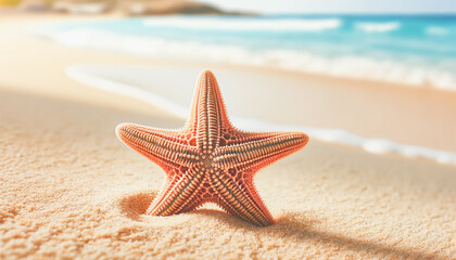 Fototapeta na wymiar Vibrant red starfish sits on the sandy beach with the ocean in the background.
