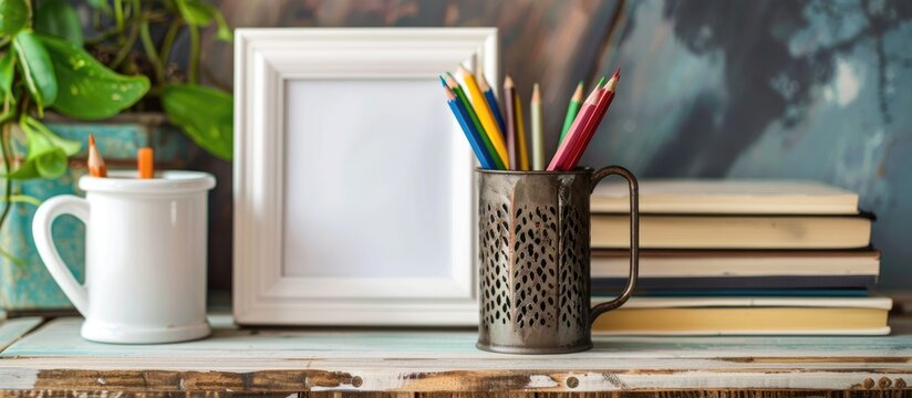 A desk featuring a white picture frame and pencils in an iron mug set on top of books and a wooden box. Display concept.