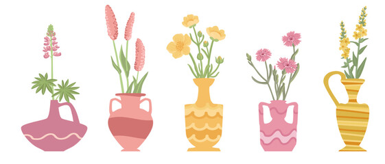 vector drawing set of vase with wild flowers, flowerpots isolated at white background, hand drawn illustration