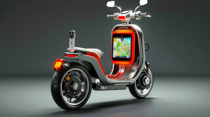 A futuristic looking motorcycle with a large screen on the side. The screen is displaying a map and...