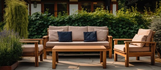 Fototapeta na wymiar Wooden furniture including a cozy couch and two chairs arranged in an outdoor garden setting