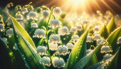 Rolgordijnen Morning dew clings to the delicate bell-shaped lily of the valley flowers in the soft sunrise light. © Hanna Tor