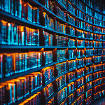 A library with many books on the shelves. The books are illuminated by a blue light. The library appears to be very large and full of books