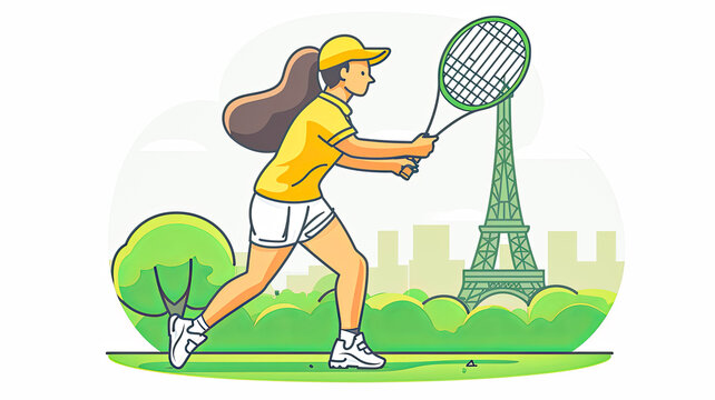 A woman is playing tennis in a park near the Eiffel Tower. The image has a lively and energetic mood, as the woman is actively engaged in the sport