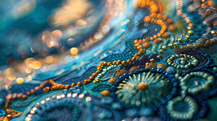 closeup reveals the intricate beading and embellishments on a digitally embroidered fabric piece. The image showcases how digital technology can create detailed and precise - Powered by Adobe