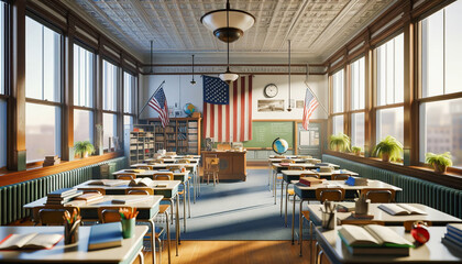 Morning light floods a classic American classroom, highlighting the educational setting before the school day begins. - obrazy, fototapety, plakaty