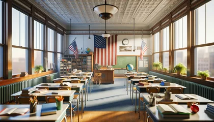 Foto op Aluminium Morning light floods a classic American classroom, highlighting the educational setting before the school day begins. © Hanna Tor