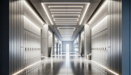 Sleek, modern lockers line a corridor awash with cool, white LED lighting.