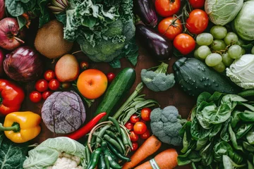 Foto op Plexiglas Top view of a wide variety of fresh fruits, vegetables and greens © Veniamin Kraskov