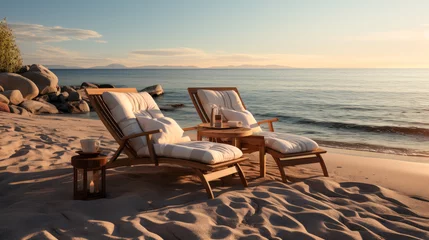 Fotobehang A beach scene with two lounge chairs and a table. The chairs are facing the ocean and the table is empty. Scene is relaxing and peaceful © Дмитрий Симаков