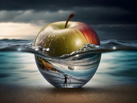 Lovely double exposure image by blending together a stormy sea and a glass apple. The sea serve as the underlying backdrop Generative AI