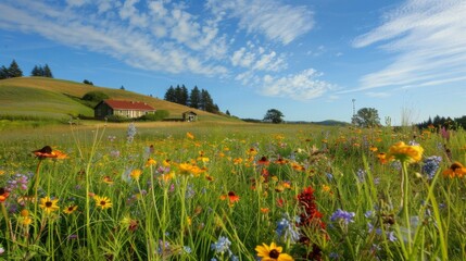 A serene field of wildflowers sways softly in the warm sun their vibrant colors creating a picturesque landscape. In the distance a quaint cottage sits nestled a the rolling - obrazy, fototapety, plakaty