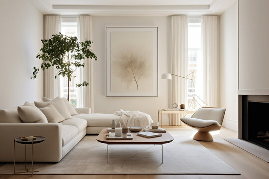 A sleek and minimalist living room in crisp white, featuring a blank white frame against a backdrop of contemporary furnishings and neutral tones.