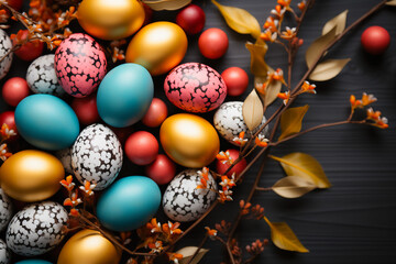 Easter eggs top view background. Flat lay of colorful Easter eggs. Easter concept