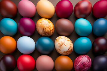 Fototapeta na wymiar Easter eggs top view background. Flat lay of colorful Easter eggs. Easter concept