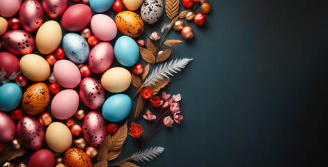 Easter eggs top view background. Flat lay of colorful Easter eggs with copy space for text. Easter concept