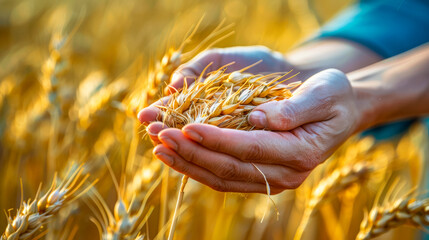 A person is holding a handful of wheat in a field. The wheat is golden and the field is lush and green. The person appears to be enjoying the moment and the beauty of the wheat - obrazy, fototapety, plakaty