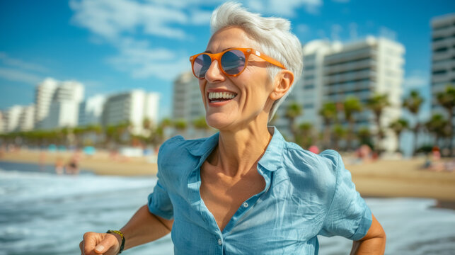 A woman wearing sunglasses and a blue shirt is smiling and running on the beach. The scene is bright and cheerful, with the woman enjoying her time outdoors