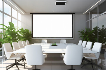 A sleek and inviting meeting room featuring a modern layout and design. The blank white empty frame on the wall provides a versatile display area.