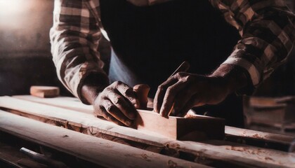 Carpenter's hands planing a plank of wood with a hand plane, in factory, old, dark 