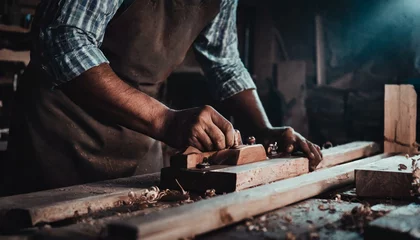 Tuinposter Oud vliegtuig Carpenter's hands planing a plank of wood with a hand plane, in factory, old, dark 