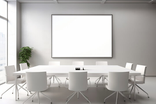 A sleek and inviting meeting room featuring a modern layout and design. The blank white empty frame on the wall provides a versatile display area.