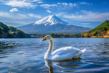 Swan in the river with Fuji mountain background .Generative Ai. - obrazy, fototapety, plakaty