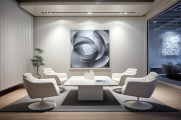 A sleek and inviting meeting area featuring contemporary furniture and an empty white frame on the wall, offering a platform for artistic expression or branding.