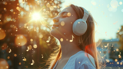 Happy woman enjoys listening to music on headphones