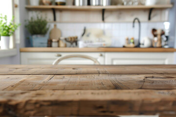 Fototapeta na wymiar Blurred kitchen background with a focus on the wooden tabletop