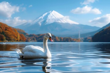 Swan in the river with Fuji mountain background .Generative Ai.