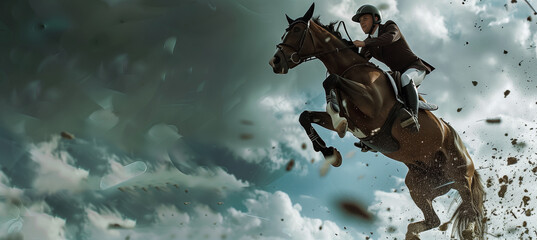 Close-up of equestrian jumper capturing precision and athleticism in mid-air - obrazy, fototapety, plakaty