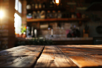 Blurred kitchen background with a focus on the wooden tabletop