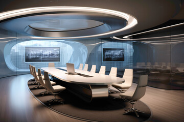 A sleek and futuristic meeting room with floor-to-ceiling LED panels, curved glass walls, and minimalist furniture in shades of silver and gray.