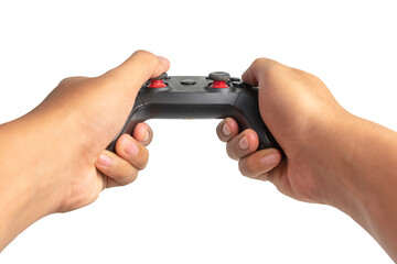 man's hand holding black wired joystick isolated on white background