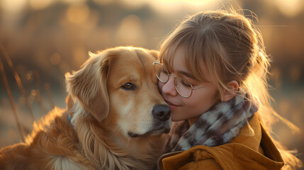 A young girl wearing glasses and bangs was playing with a dog in the spring.