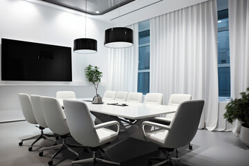 A sleek and elegant meeting space boasting minimalist yet stylish furnishings. The blank white empty frame on the wall provides a versatile display area.
