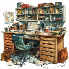 Illustrate the chaotic scene of a cluttered and disorganized work desk
