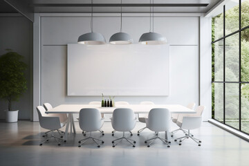 A sleek and elegant meeting space boasting minimalist yet stylish furnishings. The blank white empty frame on the wall provides a versatile display area.