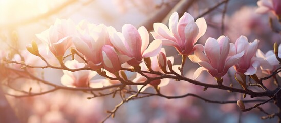 A detailed shot of a magnolia tree branch showcasing its pink flowers and green leaves. It captures...