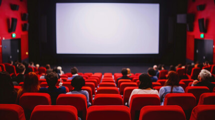 Blank white screen, red chairs, and blurred silhouettes in cinema