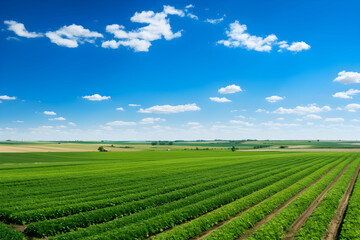 Fototapeta na wymiar Lush Agricultural Fields Under Cerulean Sky: Testament of Farming Dedication and Potential Harvest Goldmine