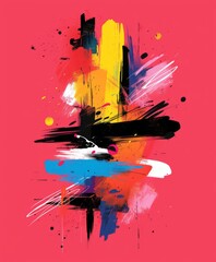 An abstract painting featuring bold, dynamic shapes and vibrant colors on a pink background