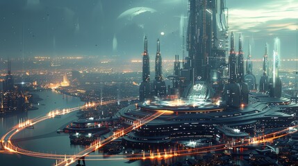 Fototapeta premium A digital concept of a minimalist futuristic space station with advanced technology systems and futuristic architecture