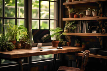 A rustic wooden desk adorned with a high-tech computer, surrounded by shelves filled with potted plants and vintage decor. Natural light streams in from a nearby window. - obrazy, fototapety, plakaty