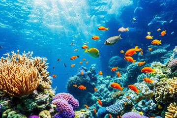 Naklejka na ściany i meble Photo coral reef with fish blue sea underwater scene