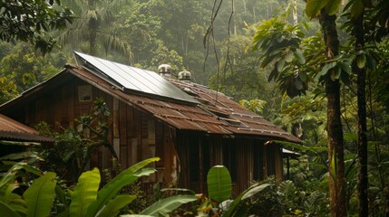 A lush green rainforest with a solar water heating system installed on the roof of a wooden house nestled a the trees. Despite the . AI generation.
